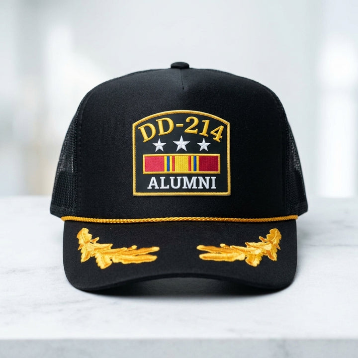 DD-214 Alumni Hat - Black Trucker Hat with Gold Oak Leaves - Veteran Hat - Crowned One