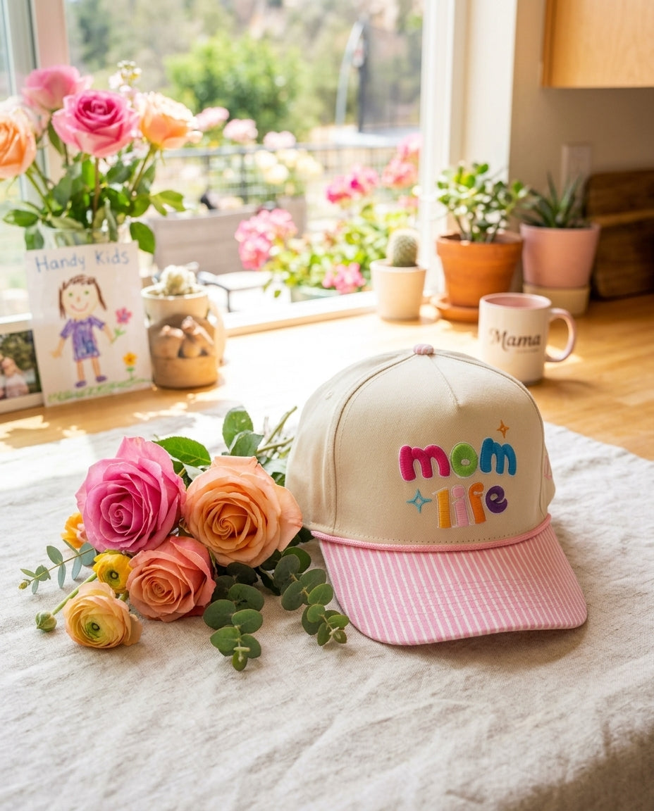 Mom Hat Women's 3D Puff Embroidery Snap Back Hat - Pink Striped Brim Mom Life - Crowned One - Pre Order