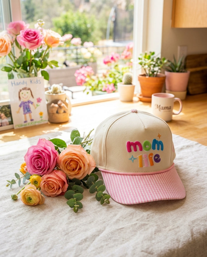 Mom Hat Women's 3D Puff Embroidery Snap Back Hat - Pink Striped Brim Mom Life - Crowned One - Pre Order