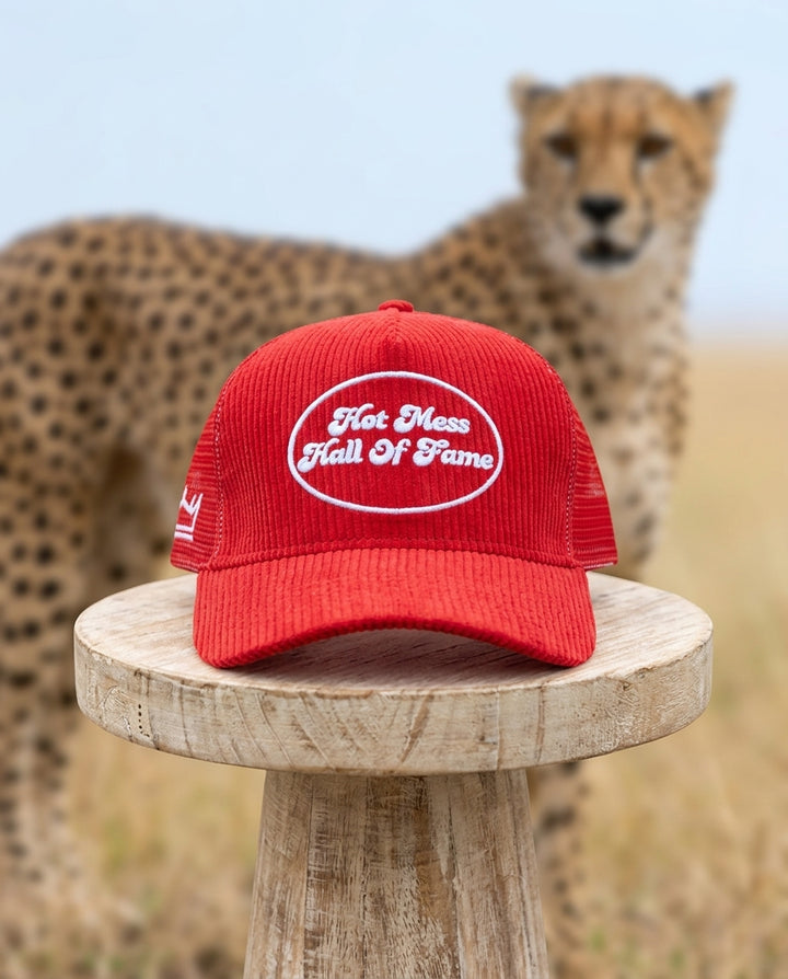 Women's Red Corduroy Trucker Hat 3D Puff Embroidery Hot Mess Hall of Fame - Crowned One