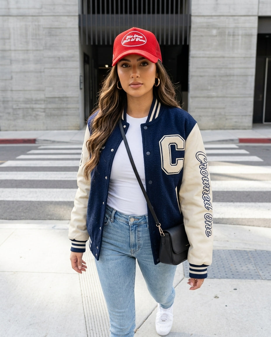 Women's Red Corduroy Trucker Hat 3D Puff Embroidery Hot Mess Hall of Fame - Crowned One