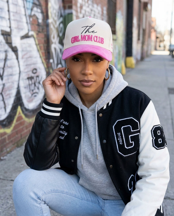 Girl Mom Club Hat Suede Brim Pink 3D Puff Embroidery Trucker - Crowned One - Mom Hat