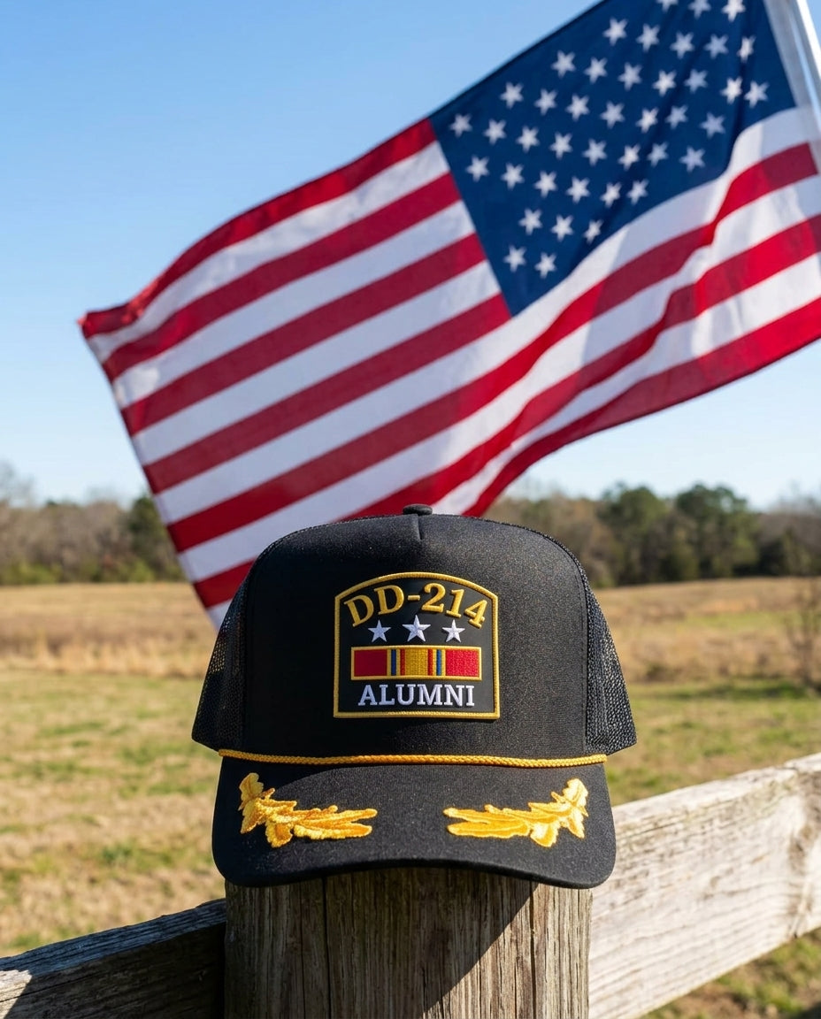 DD-214 Alumni Hat - Black Trucker Hat with Gold Oak Leaves - Veteran Hat - Crowned One