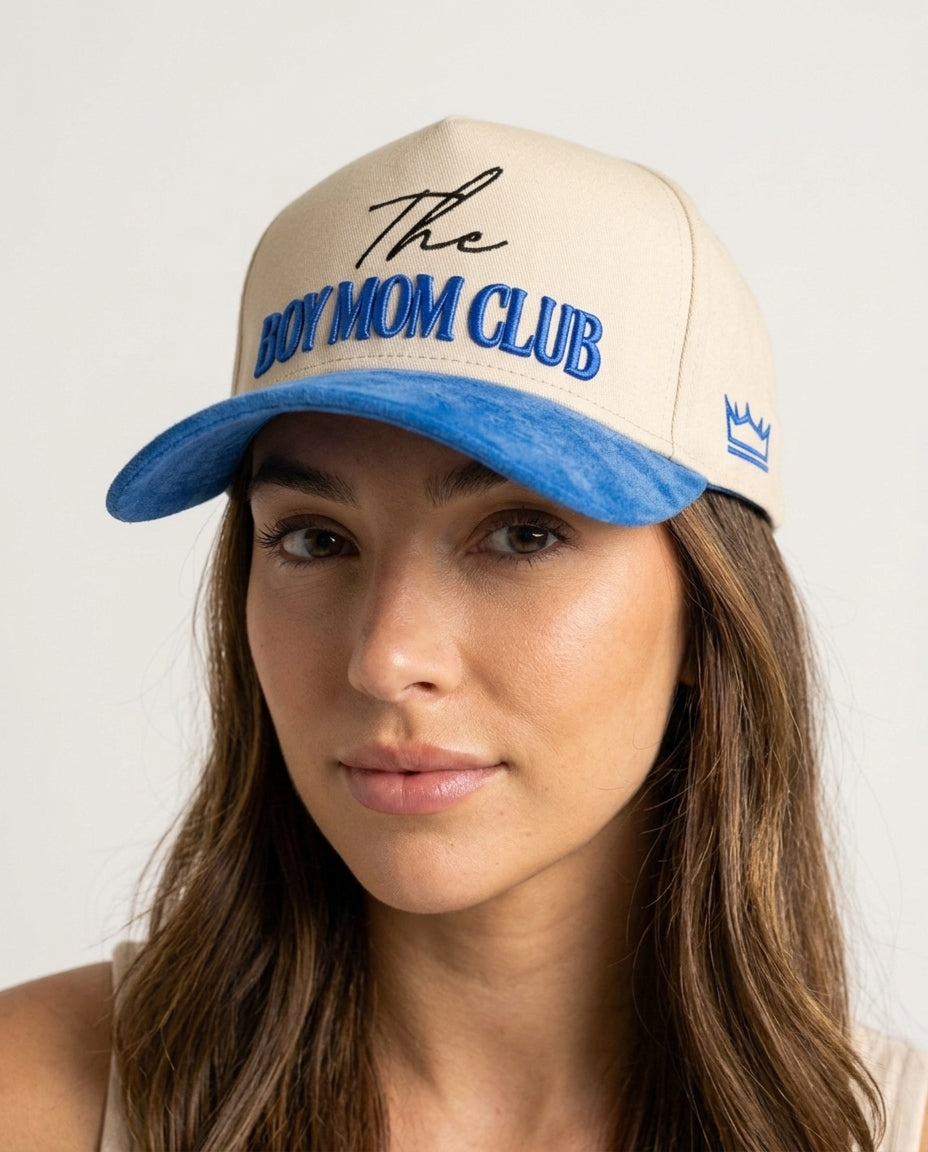 Boy Mom Club Hat Suede Brim Blue 3D Puff Embroidery Trucker - Crowned One - Mom Baseball Cap
