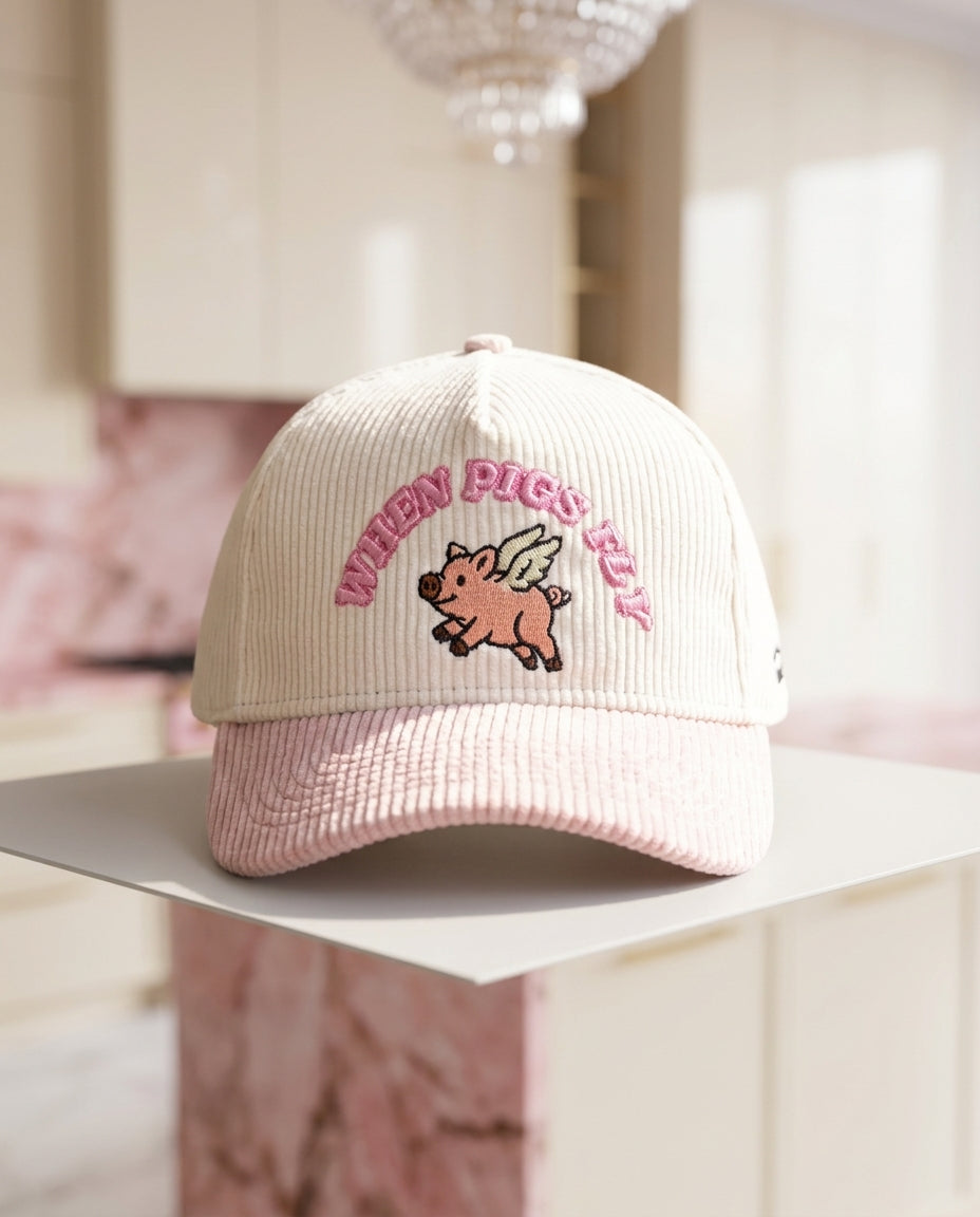 Pink Corduroy Hat 3D Puff Embroidery 'When Pigs Fly' - Crowned One