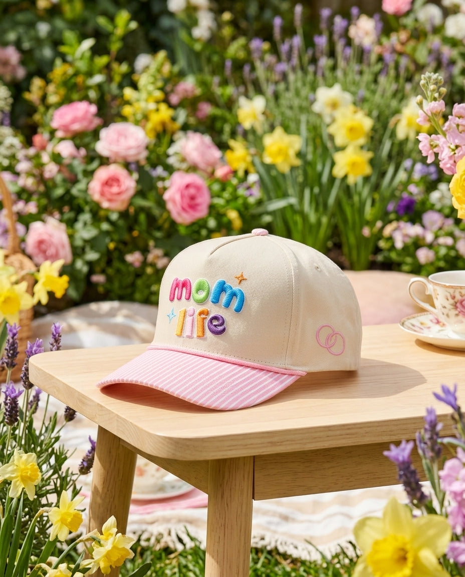 Mom Hat Women's 3D Puff Embroidery Snap Back Hat - Pink Striped Brim Mom Life - Crowned One - Pre Order