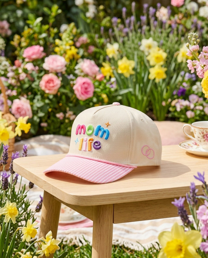 Mom Hat Women's 3D Puff Embroidery Snap Back Hat - Pink Striped Brim Mom Life - Crowned One - Pre Order
