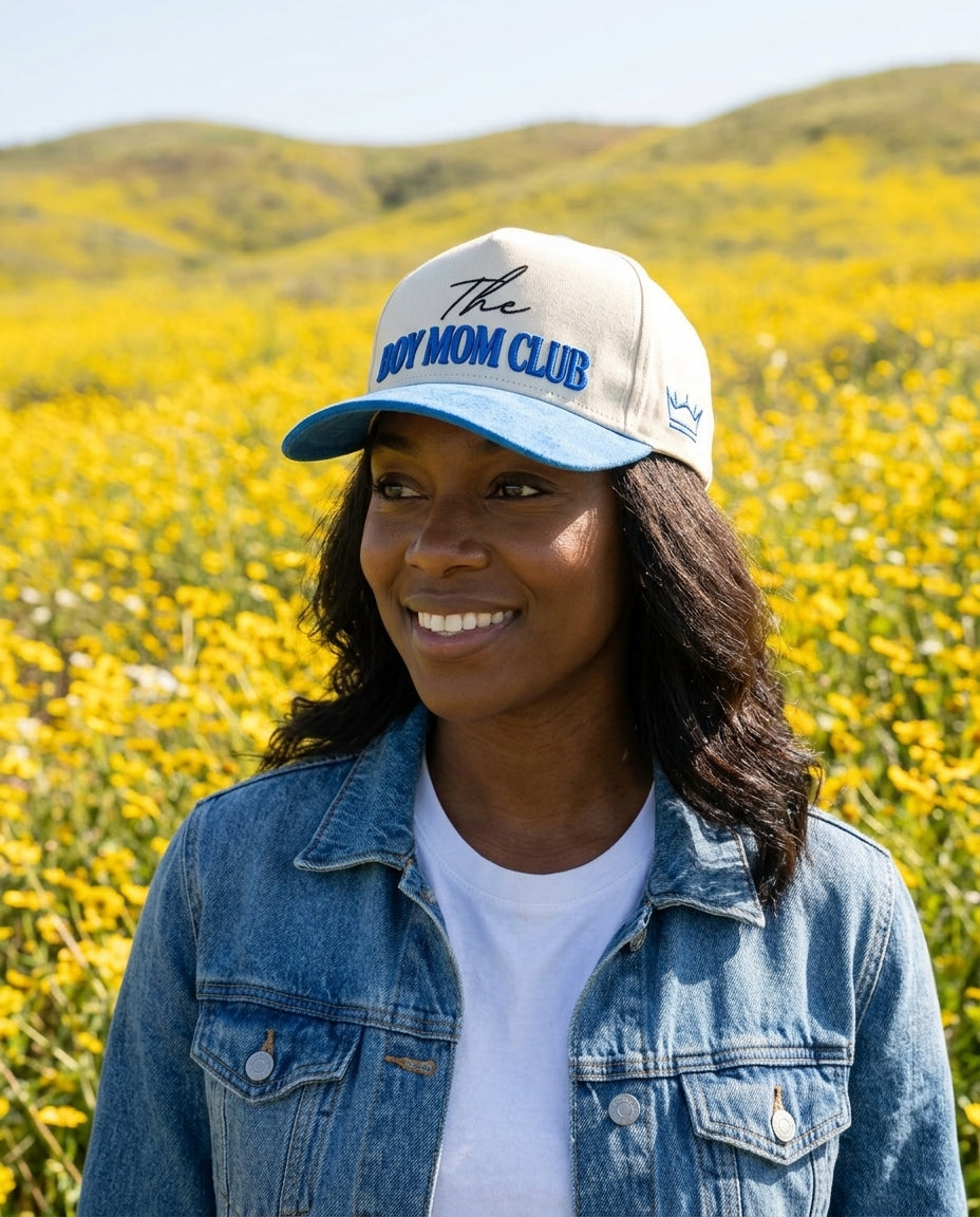 Boy Mom Club Hat Suede Brim Blue 3D Puff Embroidery Trucker - Crowned One - Mom Baseball Cap