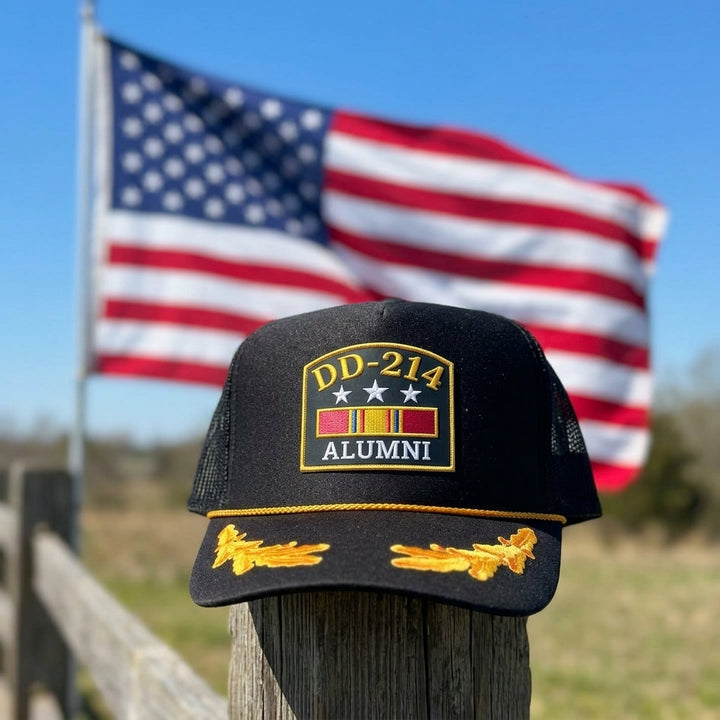 DD-214 Alumni Hat - Black Trucker Hat with Gold Oak Leaves - Veteran Hat - Crowned One