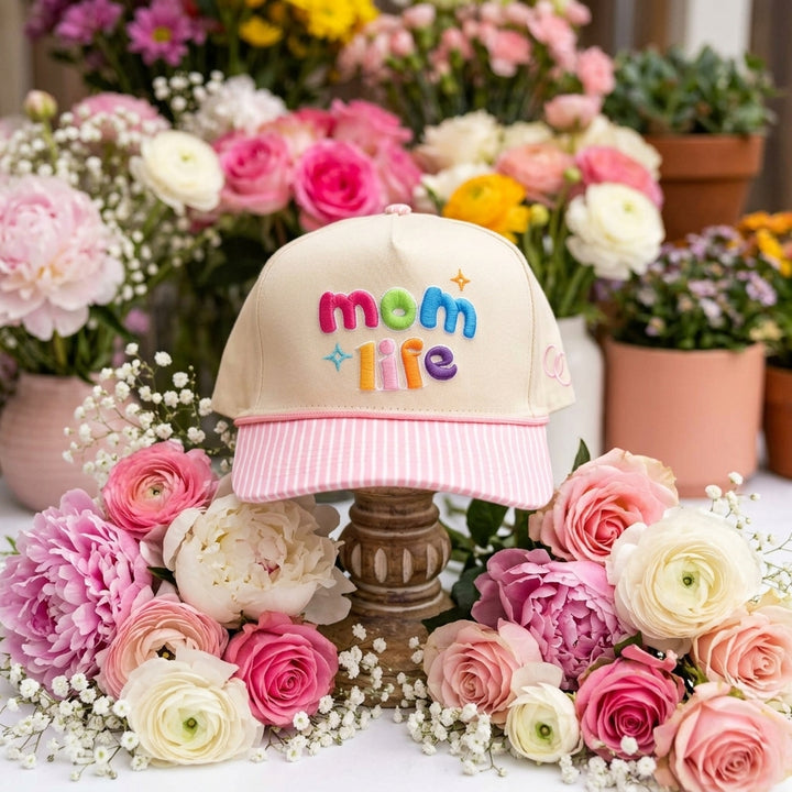Mom Hat Women's 3D Puff Embroidery Snap Back Hat - Pink Striped Brim Mom Life - Crowned One - Pre Order