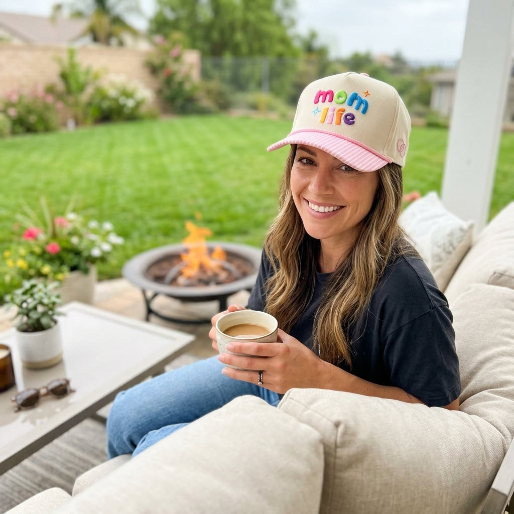 Mom Hat Women's 3D Puff Embroidery Snap Back Hat - Pink Striped Brim Mom Life - Crowned One - Pre Order