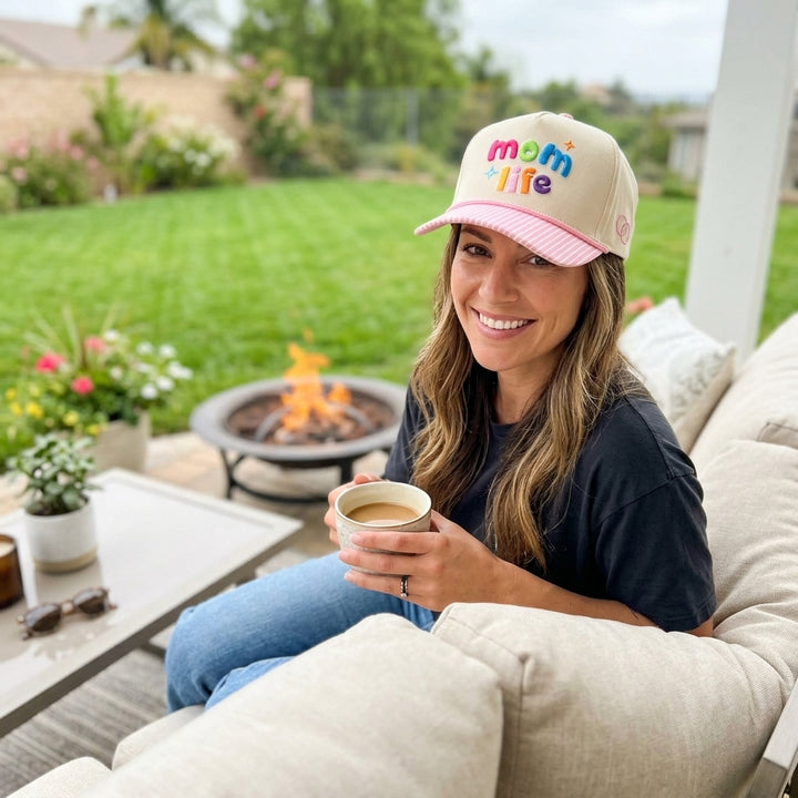 Mom Hat Women's 3D Puff Embroidery Snap Back Hat - Pink Striped Brim Mom Life - Crowned One - Pre Order