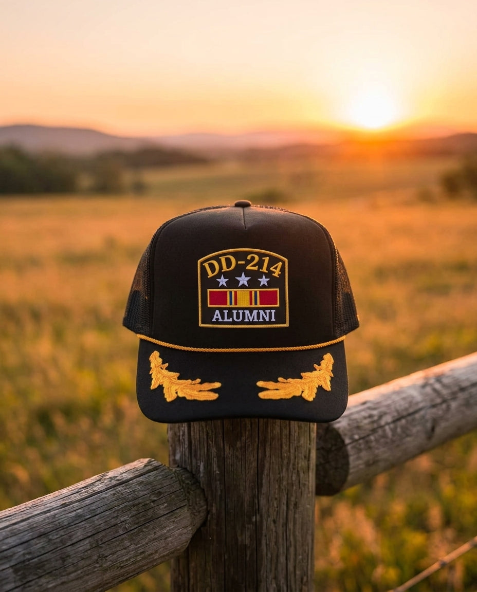 DD-214 Alumni Hat - Black Trucker Hat with Gold Oak Leaves - Veteran Hat - Crowned One