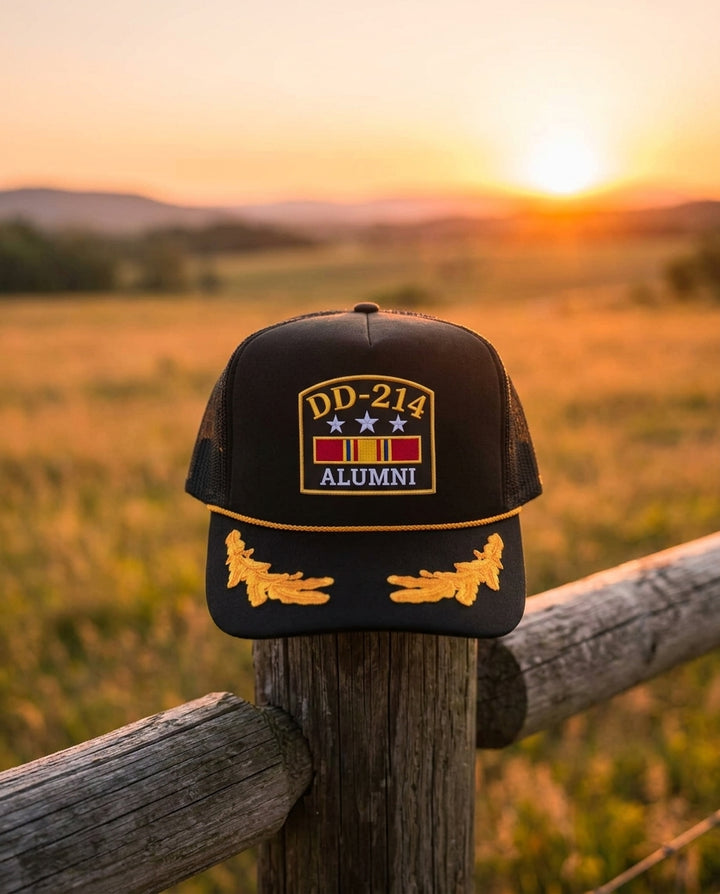 DD-214 Alumni Hat - Black Trucker Hat with Gold Oak Leaves - Veteran Hat - Crowned One