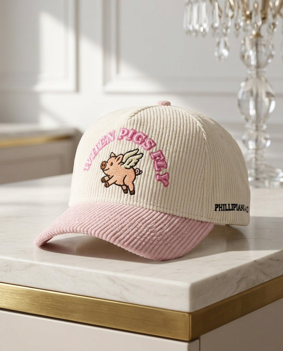 Pink Corduroy Hat 3D Puff Embroidery 'When Pigs Fly' - Crowned One