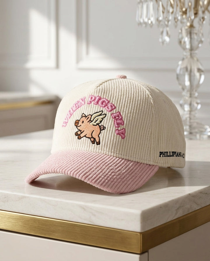 Pink Corduroy Hat 3D Puff Embroidery 'When Pigs Fly' - Crowned One