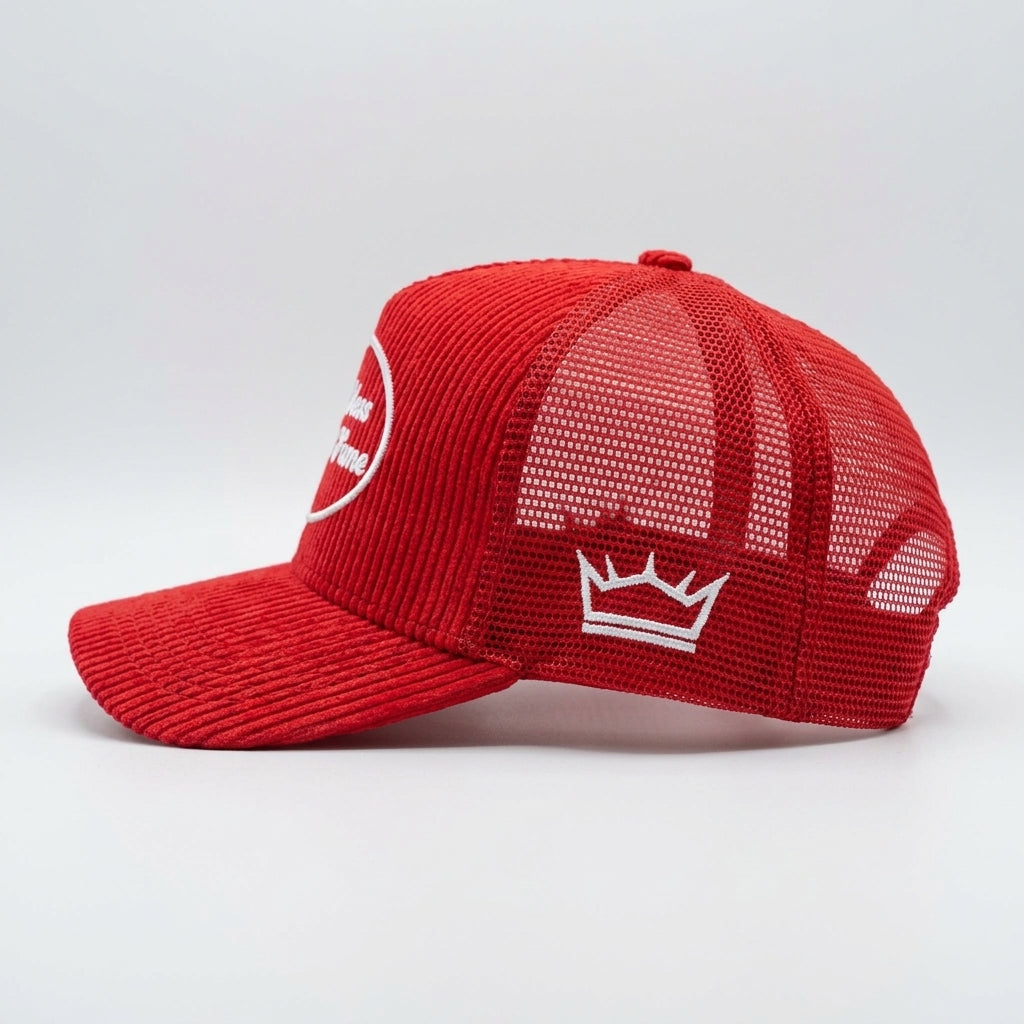 Women's Red Corduroy Trucker Hat 3D Puff Embroidery Hot Mess Hall of Fame - Crowned One
