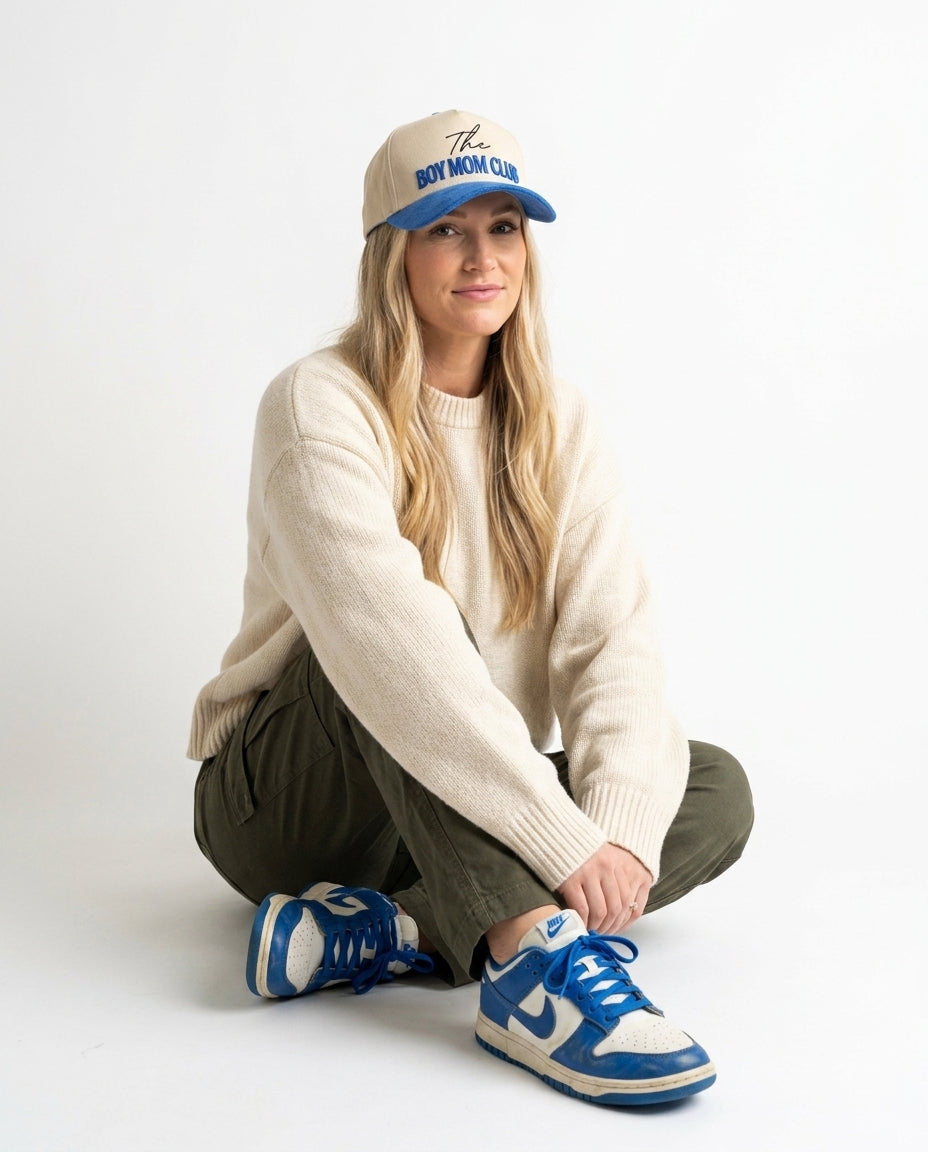 Boy Mom Club Hat Suede Brim Blue 3D Puff Embroidery Trucker - Crowned One - Mom Baseball Cap