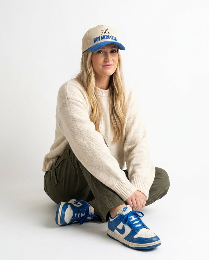 Boy Mom Club Hat Suede Brim Blue 3D Puff Embroidery Trucker - Crowned One - Mom Baseball Cap