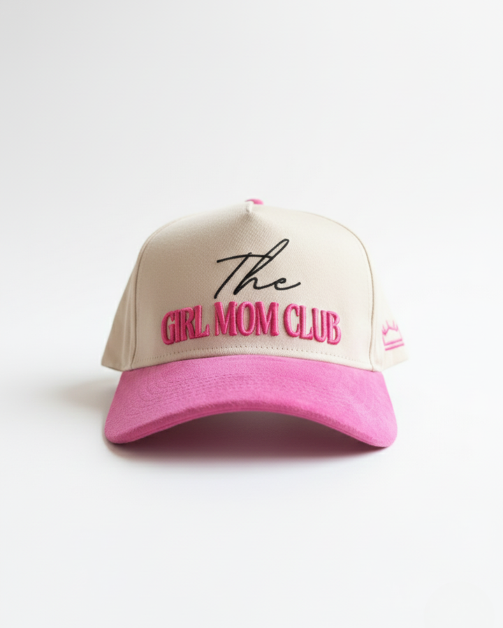 Girl Mom Club Hat Suede Brim Pink 3D Puff Embroidery Trucker - Crowned One - Mom Hat