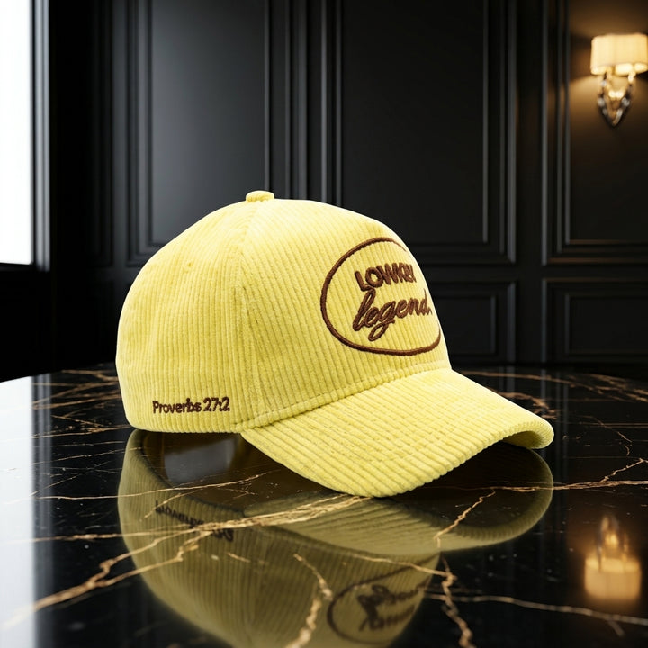 Yellow Corduroy Hat 3D Puff Embroidery Lowkey Legend - Crowned One - Christian Hat