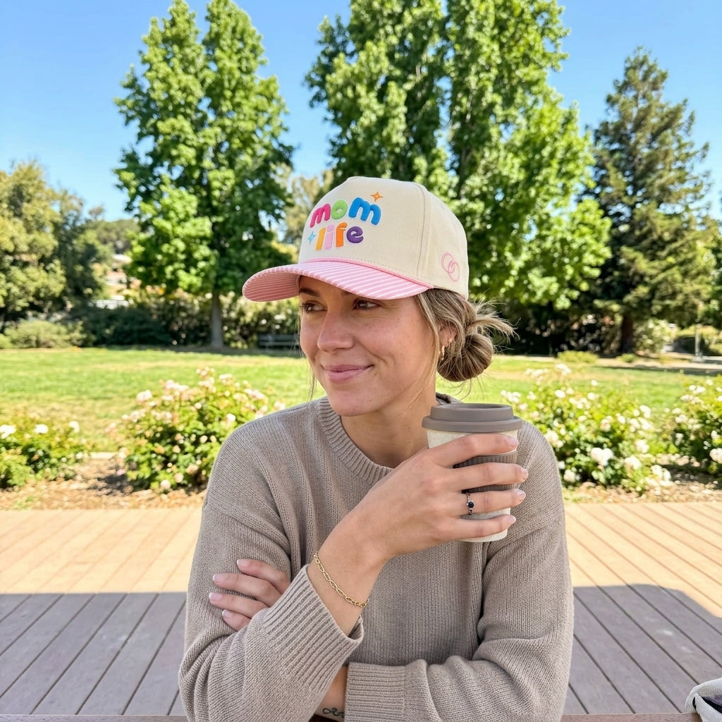 Mom Hat Women's 3D Puff Embroidery Snap Back Hat - Pink Striped Brim Mom Life - Crowned One - Pre Order
