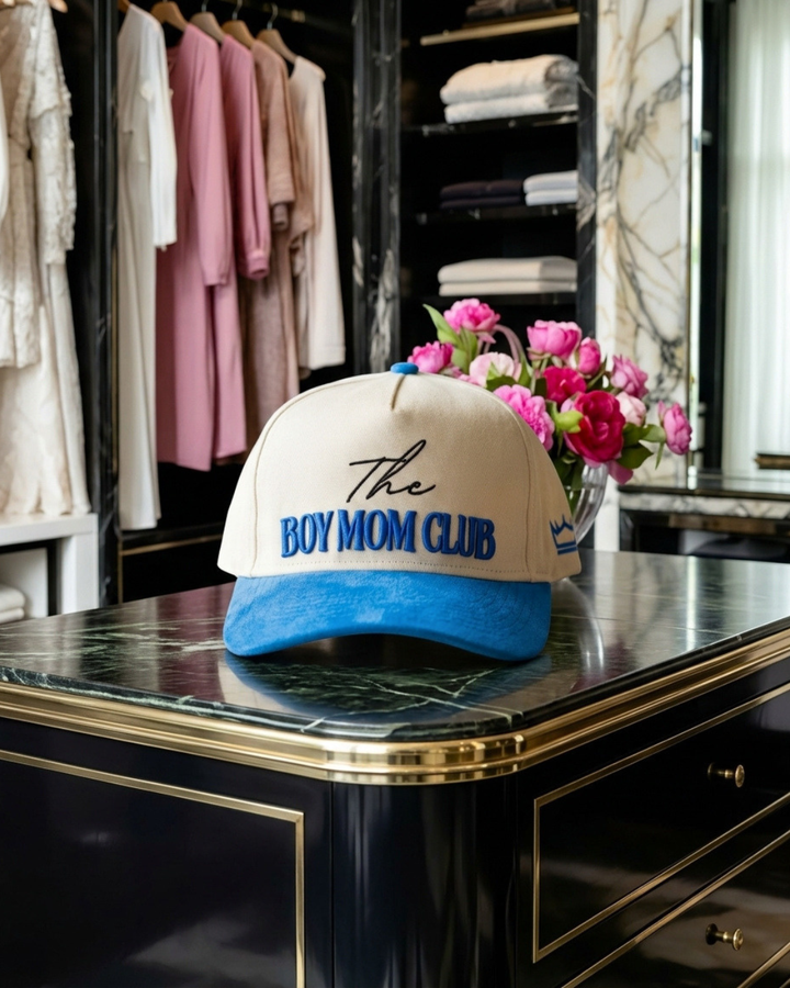 Boy Mom Club Hat Suede Brim Blue 3D Puff Embroidery Trucker - Crowned One - Mom Baseball Cap