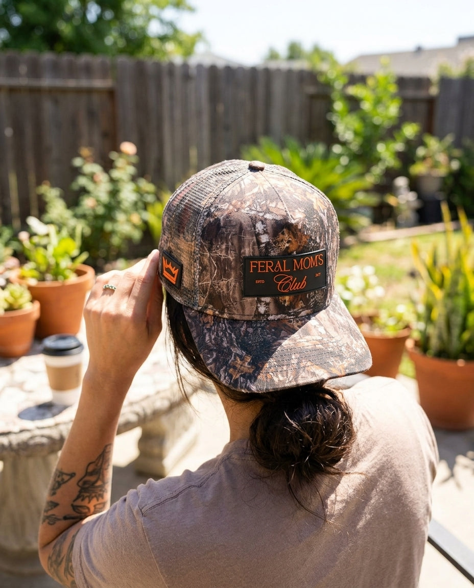Camo Trucker Hat Women PVC Patch Feral Mom Club - Crowned One