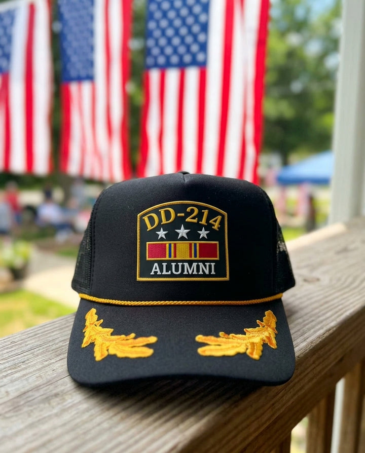 DD-214 Alumni Hat - Black Trucker Hat with Gold Oak Leaves - Veteran Hat - Crowned One
