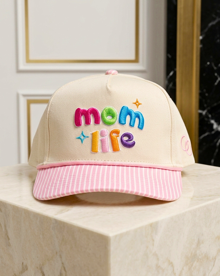 Mom Hat Women's 3D Puff Embroidery Snap Back Hat - Pink Striped Brim Mom Life - Crowned One - Pre Order