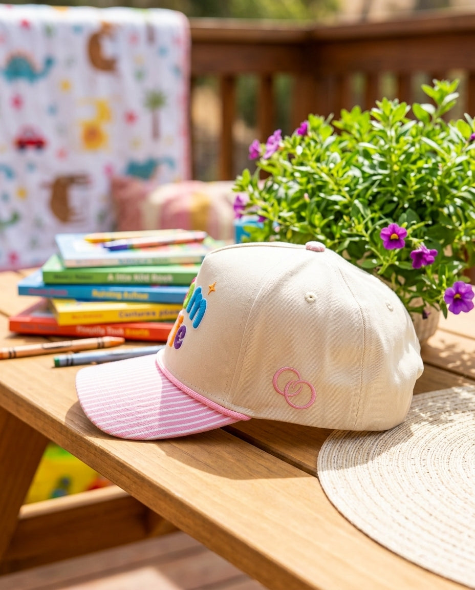Mom Hat Women's 3D Puff Embroidery Snap Back Hat - Pink Striped Brim Mom Life - Crowned One - Pre Order