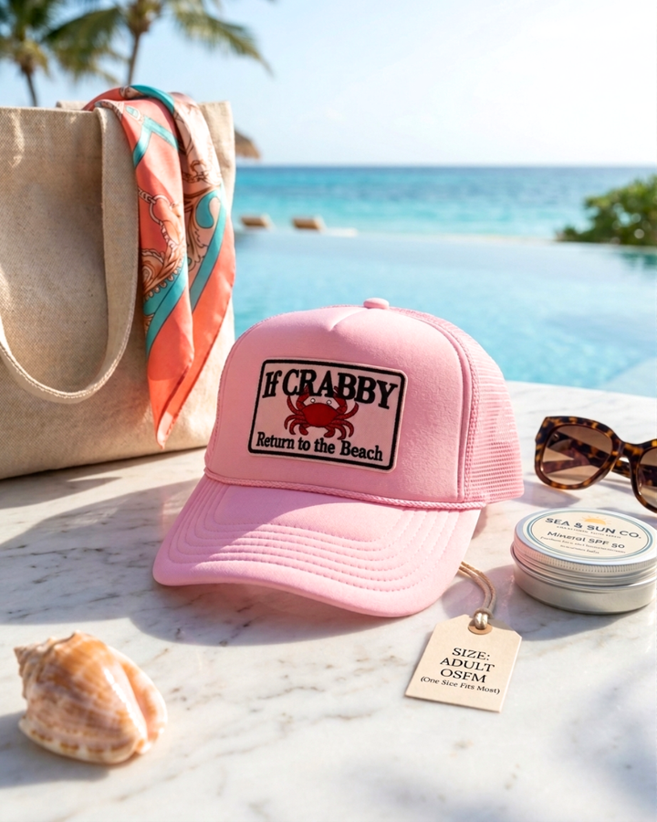"If Crabby Return to the Beach" // Pink Foam Trucker
