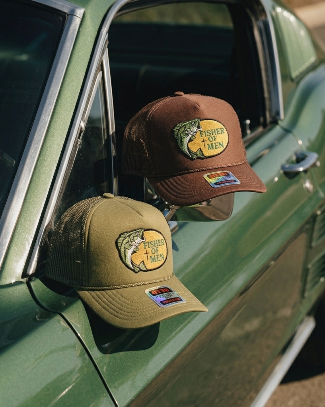 Fisher of Men Foam Snapback Hat Patch Green Khaki - Crowned One - Christian Hat