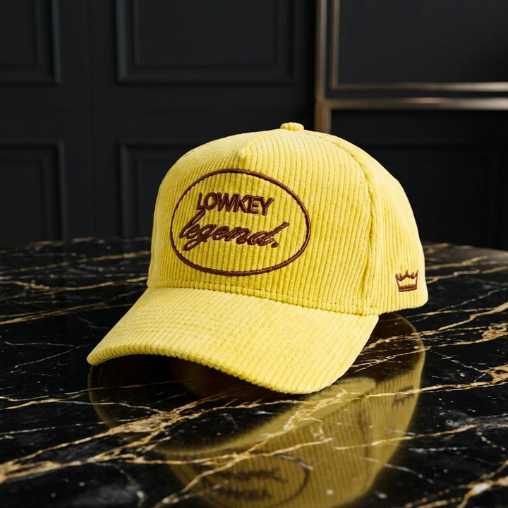 Yellow Corduroy Hat 3D Puff Embroidery Lowkey Legend - Crowned One - Christian Hat