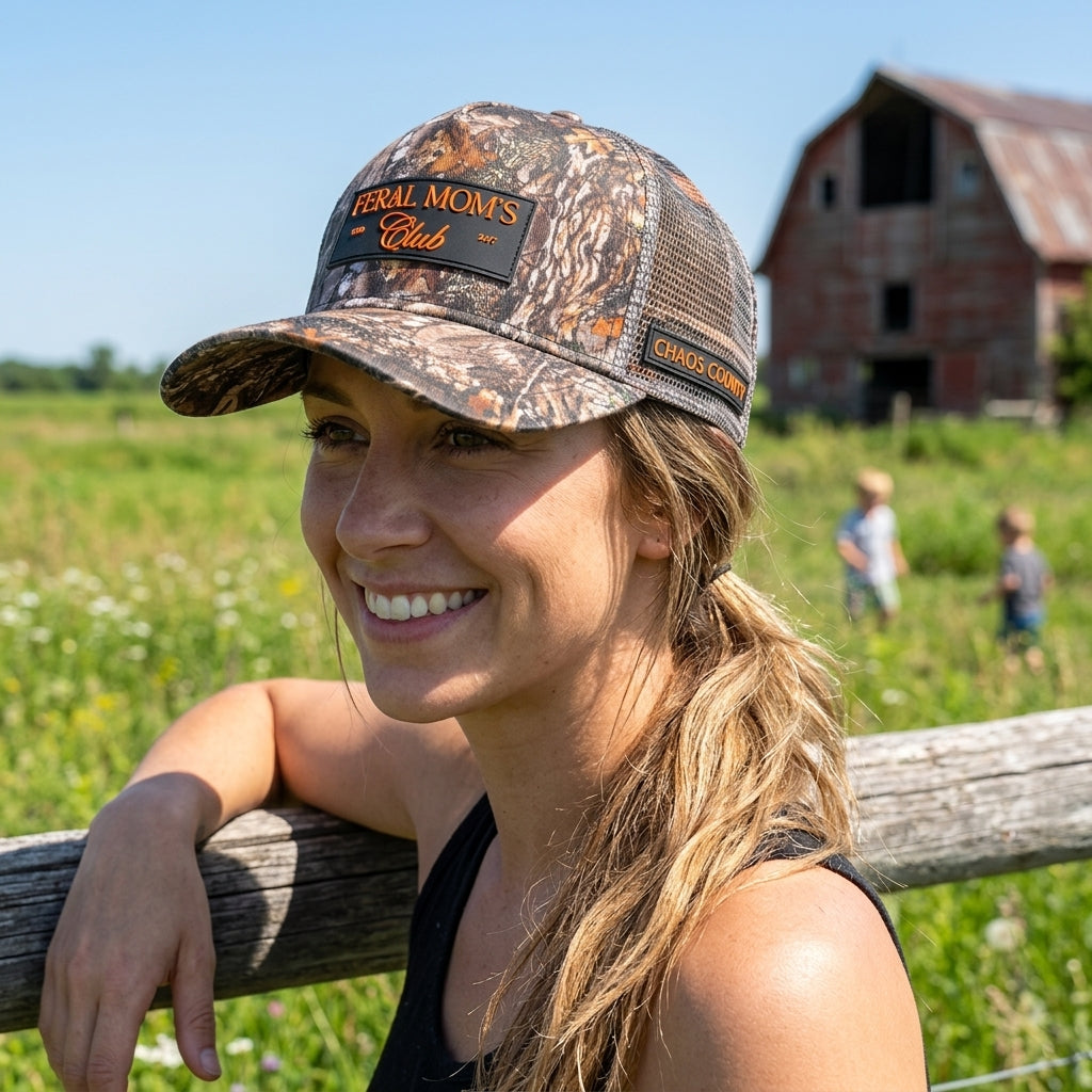 Camo Trucker Hat Women PVC Patch Feral Mom Club - Crowned One