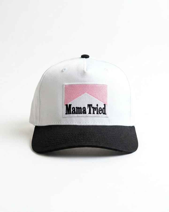 Women's Two-Tone Baseball Cap Mama Tried Vintage Patch White Black - Crowned One