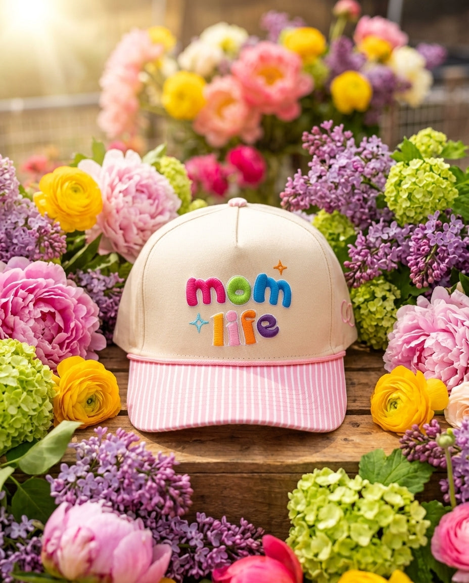 Mom Hat Women's 3D Puff Embroidery Snap Back Hat - Pink Striped Brim Mom Life - Crowned One - Pre Order