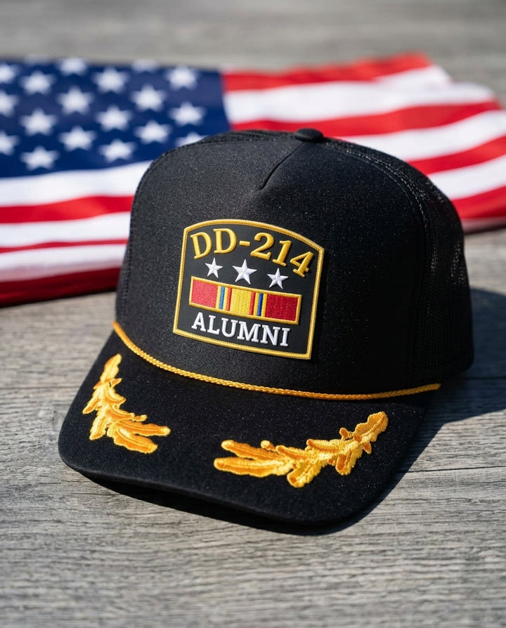 DD-214 Alumni Hat - Black Trucker Hat with Gold Oak Leaves - Veteran Hat - Crowned One