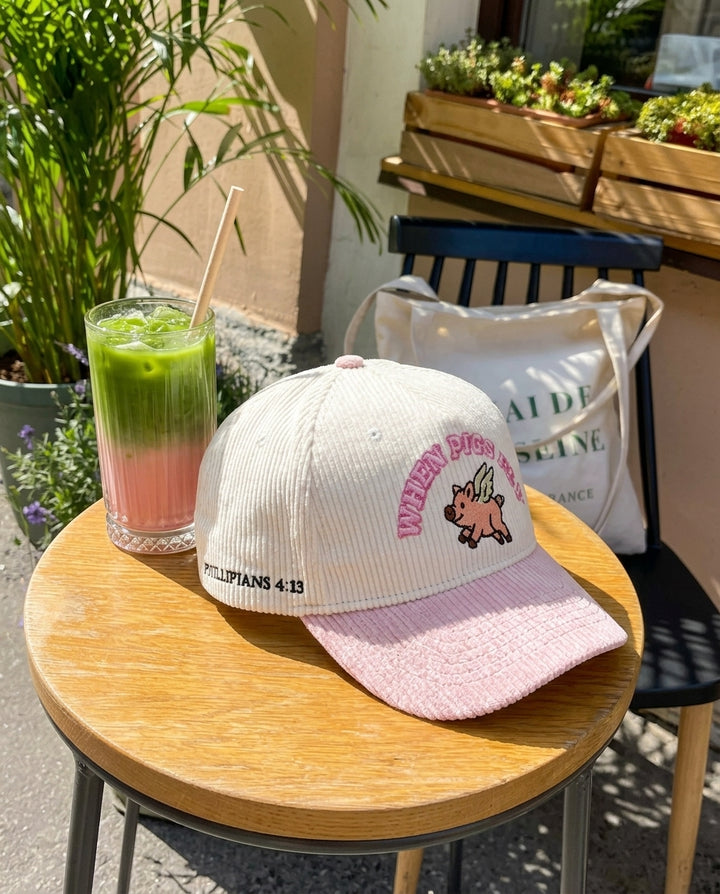 Pink Corduroy Hat 3D Puff Embroidery 'When Pigs Fly' - Crowned One