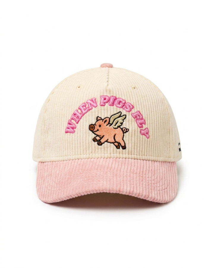 Pink Corduroy Hat 3D Puff Embroidery 'When Pigs Fly' - Crowned One
