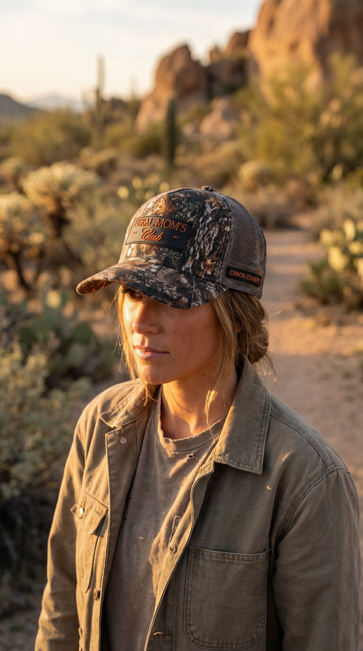 Camo Trucker Hat Women PVC Patch Feral Mom Club - Crowned One