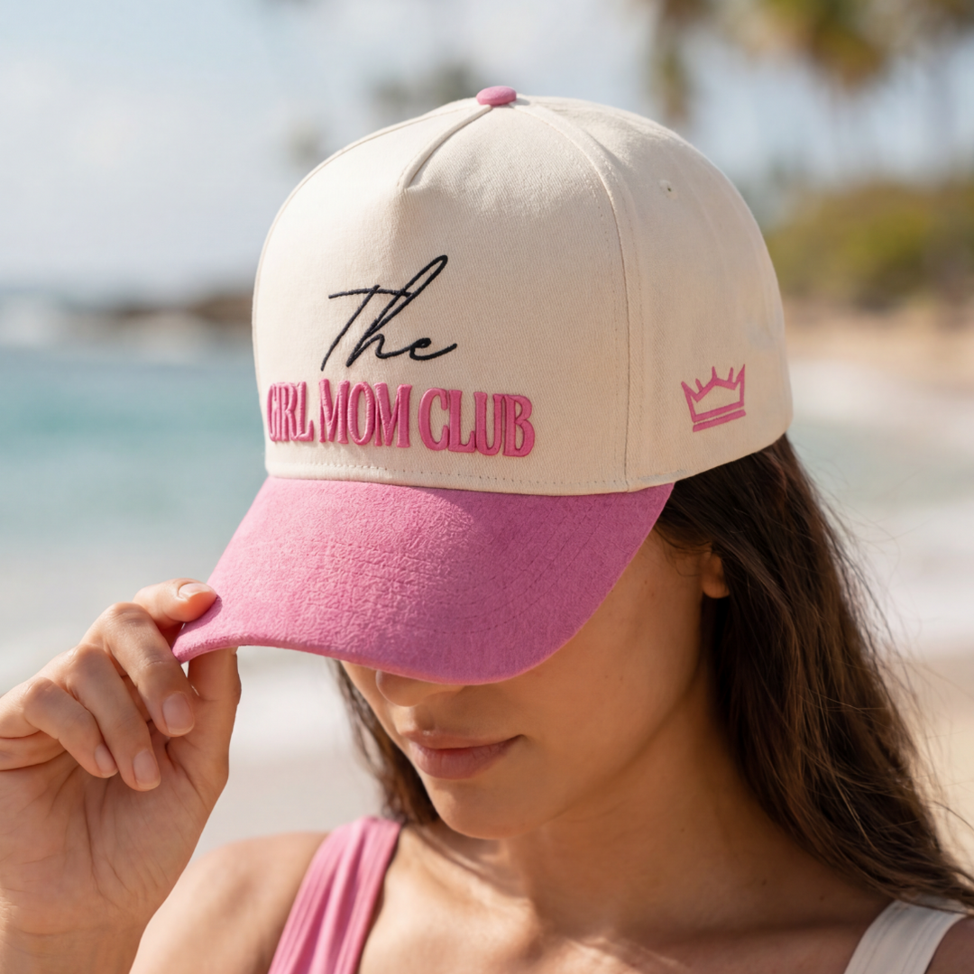 Girl Mom Club Hat Suede Brim Pink 3D Puff Embroidery Trucker - Crowned One - Mom Hat