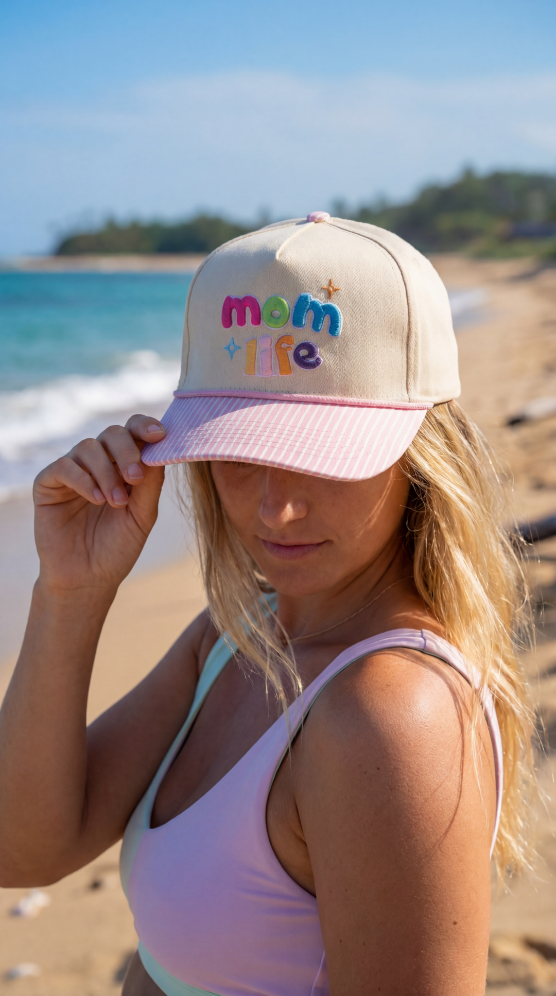 Mom Hat Women's 3D Puff Embroidery Snap Back Hat - Pink Striped Brim Mom Life - Crowned One -