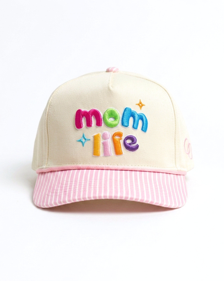 Mom Hat Women's 3D Puff Embroidery Snap Back Hat - Pink Striped Brim Mom Life - Crowned One -