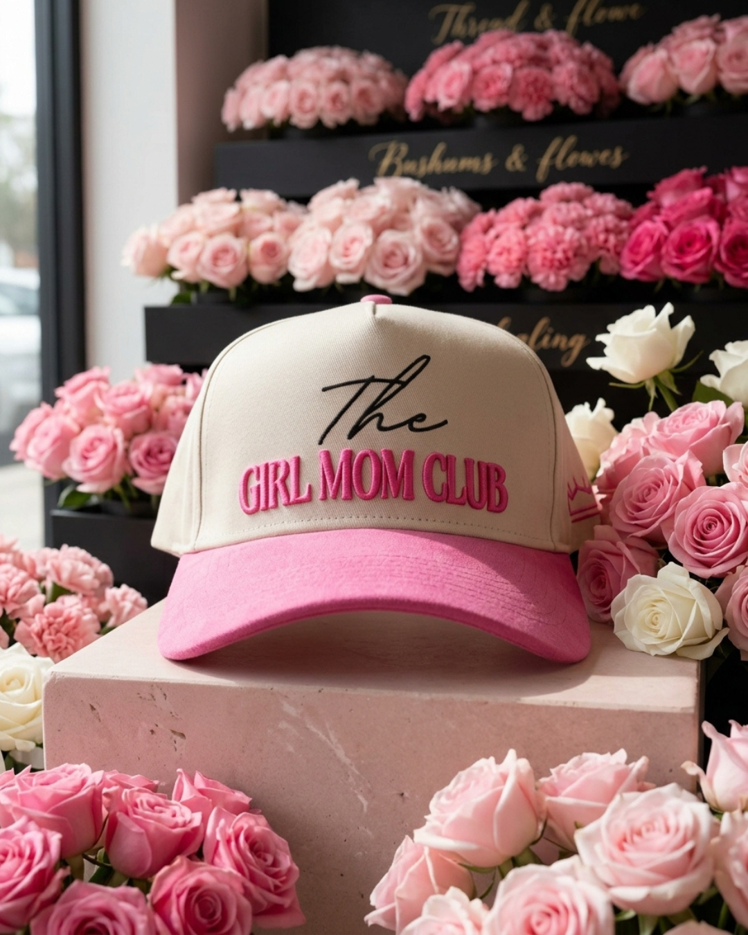 Girl Mom Club Hat Suede Brim Pink 3D Puff Embroidery Trucker - Crowned One - Mom Hat