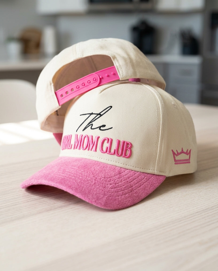 Girl Mom Club Hat Suede Brim Pink 3D Puff Embroidery Trucker - Crowned One - Mom Hat
