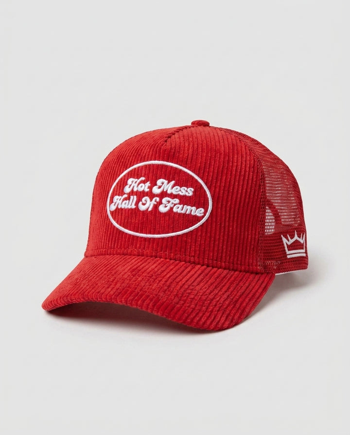 Women's Red Corduroy Trucker Hat 3D Puff Embroidery Hot Mess Hall of Fame - Crowned One