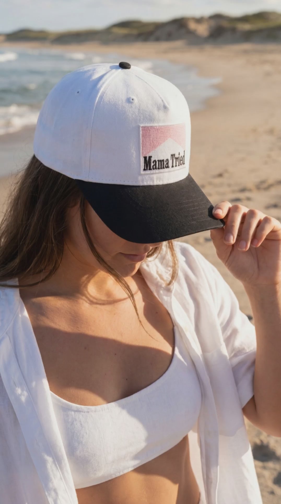 Women's Two-Tone Baseball Cap Mama Tried Vintage Patch White Black - Crowned One