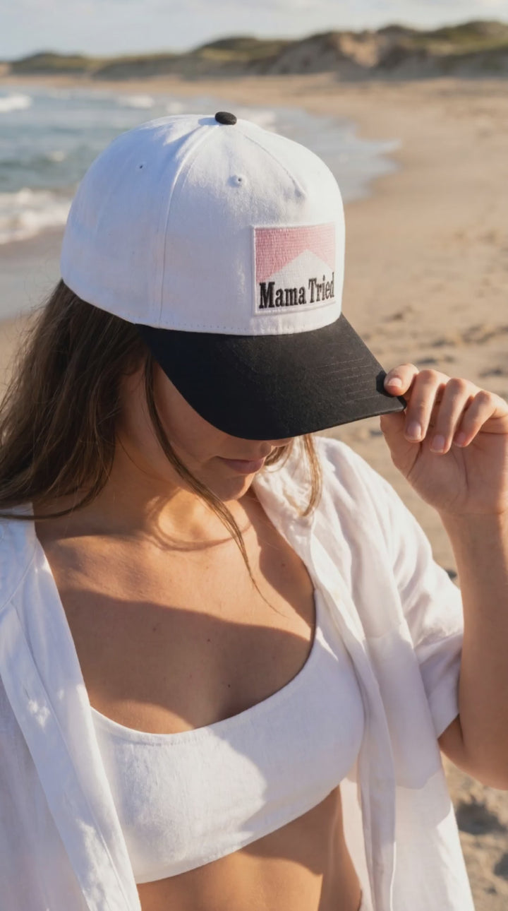 Women's Two-Tone Baseball Cap Mama Tried Vintage Patch White Black - Crowned One