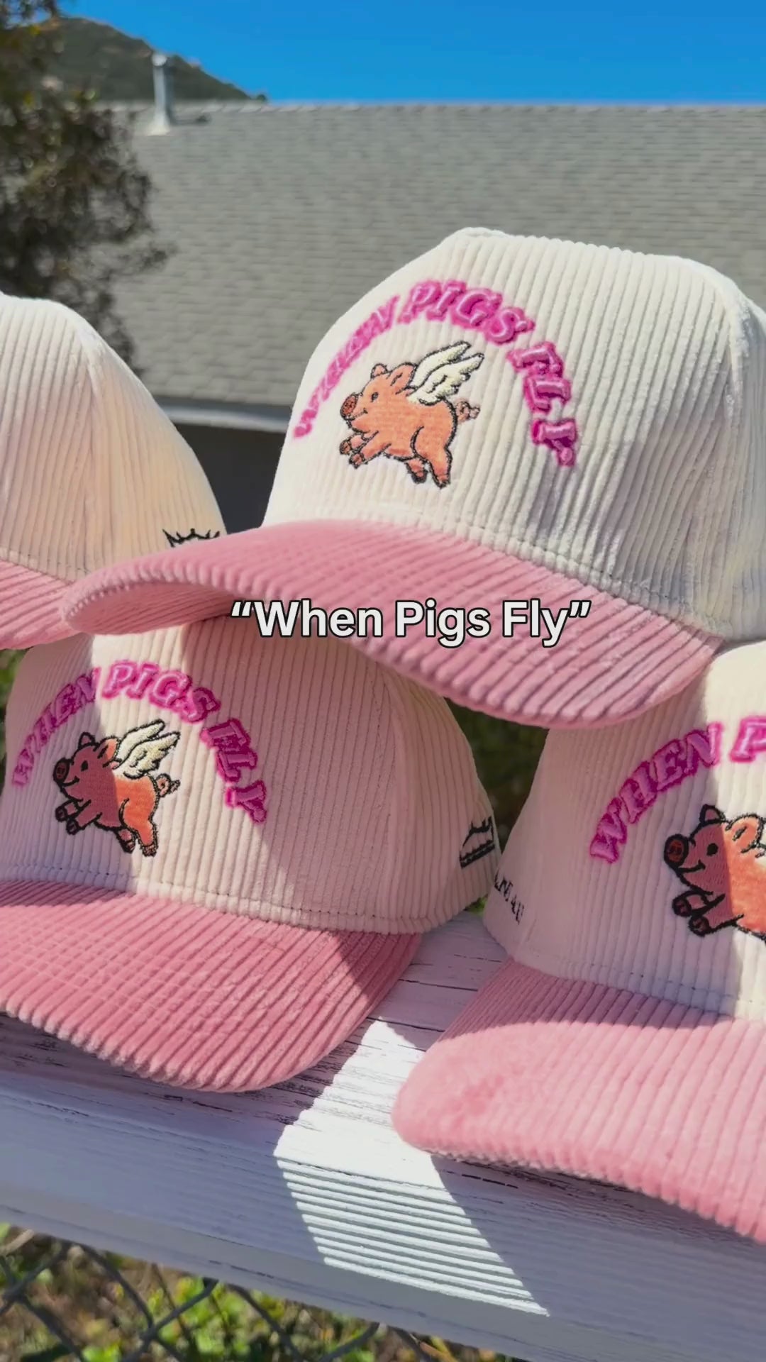Pink Corduroy Hat 3D Puff Embroidery 'When Pigs Fly' - Crowned One